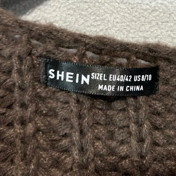 Chunky Waffle knit Boxy Cardigan Women L Brown Button Front Gold Buttons Pockets - Picture 4 of 6